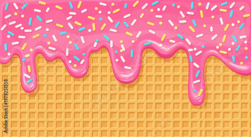 A vibrant pink frosting generously drips along a crispy, golden-brown waffle cone texture, playfully adorned with an assortment of sweet colorful sprinkles in bright shades of blue, yellow, and white