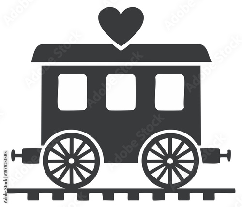 Silhouette of a vintage train carriage with a heart on top. Romantic vector icon for love, travel, and wedding.