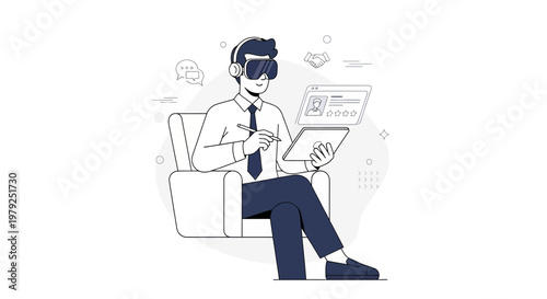 Man in VR headset using tablet and laptop, virtual reality, digital communication, business concept