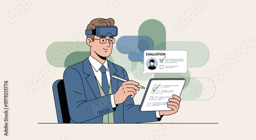 Man in VR headset using tablet for virtual evaluation and checklist