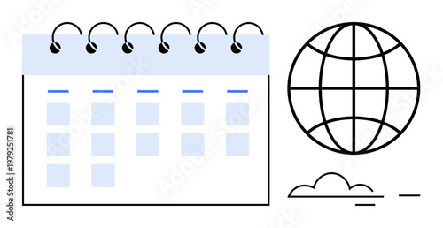 Global scheduling, time management, business planning, event organization, remote work, international collaboration. Minimalistic calendar and globe design. Global scheduling and time management