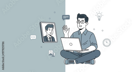 Man on Video Call with Laptop, Remote Work and Online Communication Concept