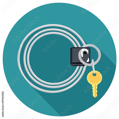 Flat design illustration of a golden key keyring and coiled cable connection concept