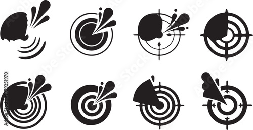 Black and white target icons with splashes and arrows hitting