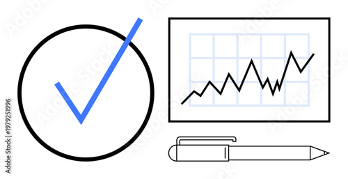 Business growth, decision making, analytics, success, planning, productivity. A blue check mark inside a circle, a graph with upward trend and a pen. Business growth and decision making concept