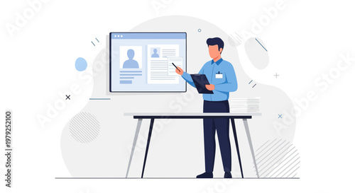 Man presenting resume or profile on digital screen, business meeting, HR concept