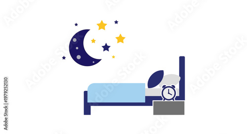 Bed with blue sheets and clock.