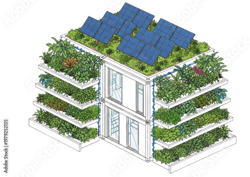 Sustainable Urban Farming Vertical Garden with Solar Panels and Green Architecture