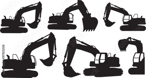 Silhouettes of excavators in various positions and angles on white