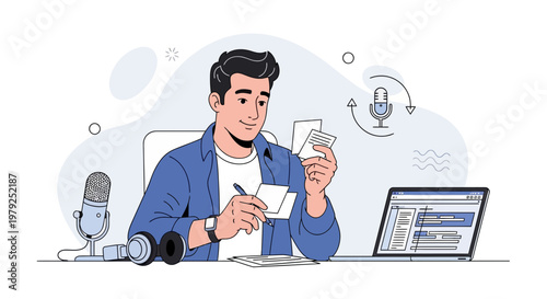 Man Recording Podcast at Desk with Laptop, Microphone, and Notes