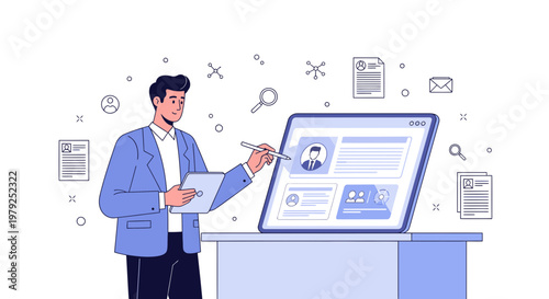 Man reviewing resume on tablet and computer screen, digital recruitment process