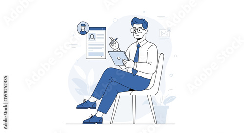 Man reviewing resume on tablet, HR, recruitment, job interview, hiring process