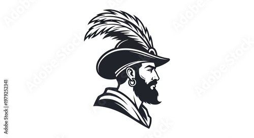 Profile of a bearded man wearing a hat with a feather vector illustration