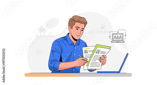 Man reviewing resumes and documents at desk with laptop, online meeting icon