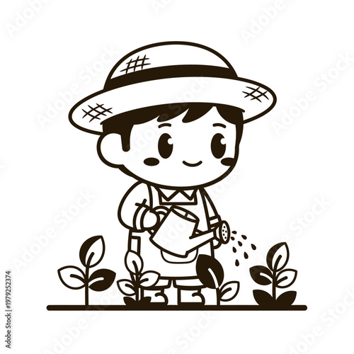 Boy Watering Plants with a Can.