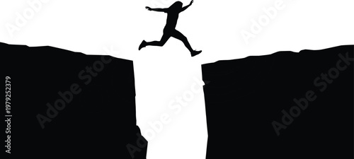 Black silhouette of a determined person leaping across a dangerous cliff gap concept for courage, risk, business success and achievement vector
