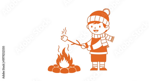 Cartoon child toasting marshmallow outdoors.