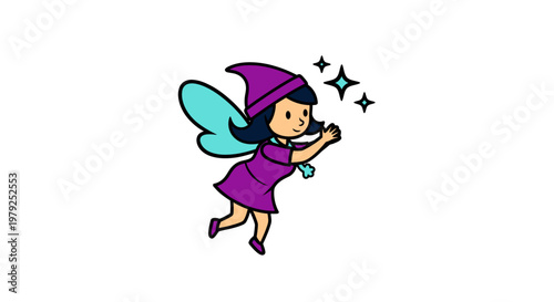 Cartoon fairy with purple dress flying.