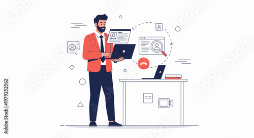 Man using laptop for online recruitment, HR, job search, video call, and data analysis