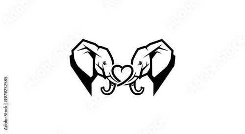 Elephant love symbol illustration in black and white style on a white background