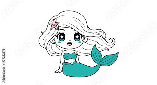 Cartoon mermaid with long hair smiling.