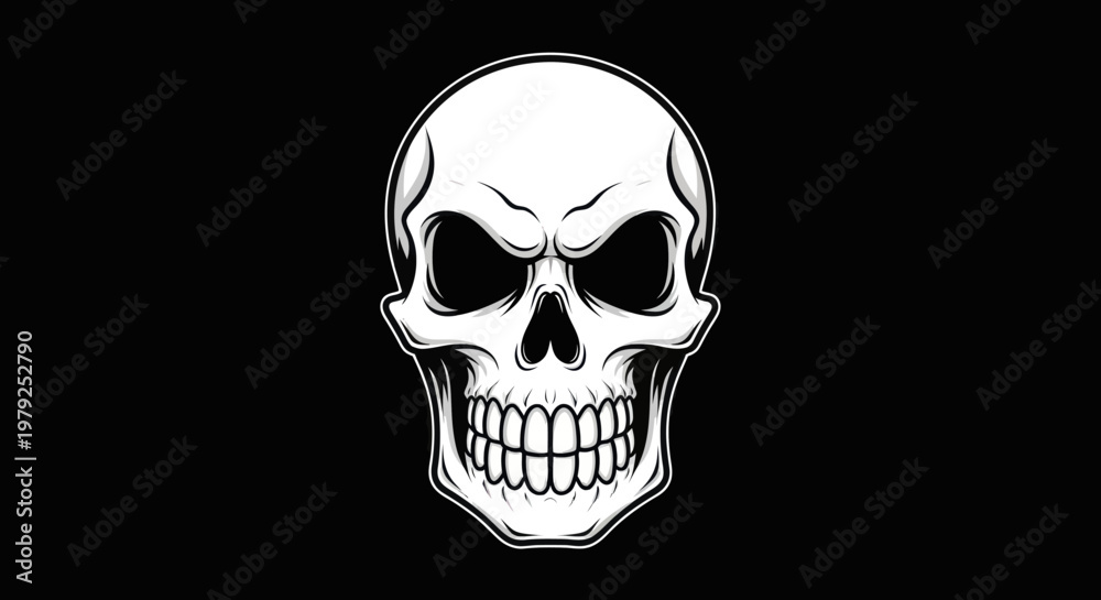 Fototapeta premium Graphic illustration of a white skull with detailed features on black background