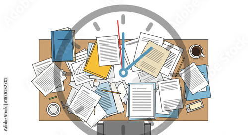 Cluttered desk with papers and clock.