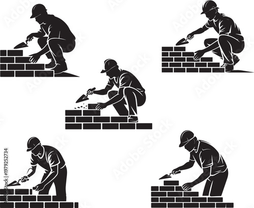 Professional bricklayer silhouettes constructing wall building masonry workers.