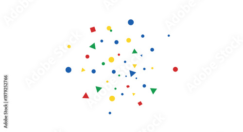 Colorful geometric shapes confetti scattered.