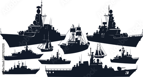 Collection of Naval Ship Silhouettes Including Modern Military Destroyers Warships Frigates and Classic Sailing Vessels Isolated on White for Graphic Design