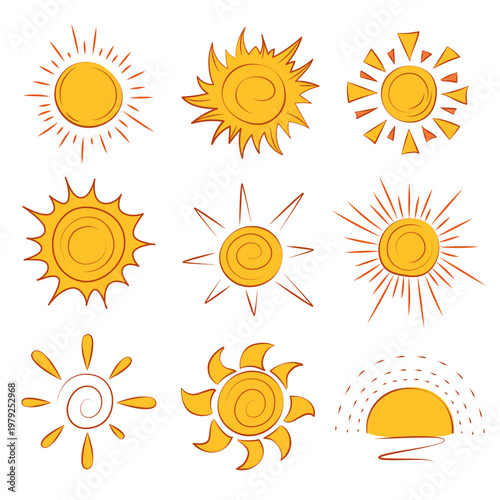 Set of suns on a white background. Doodle illustration. Vector.