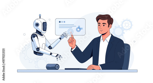 Man and robot interacting with futuristic interface, AI collaboration concept
