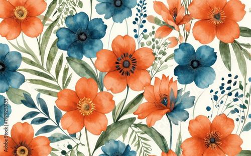 Vibrant orange and blue flowers with green leaves in a watercolor