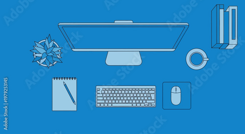 Flat lay modern office desk with computer, keyboard, and mouse