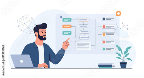 Man presenting flowchart on a screen, laptop and plant on desk, business strategy concept