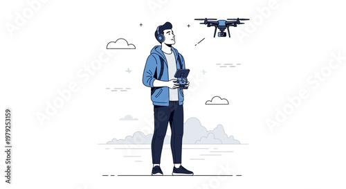 Man controlling drone with remote and headphones, modern technology, aerial photography concept