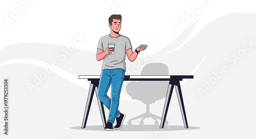 Man in casual clothes holding coffee cup leaning on desk, modern office background