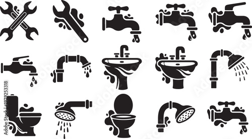 Plumbing tools and bathroom fixtures icons set in black
