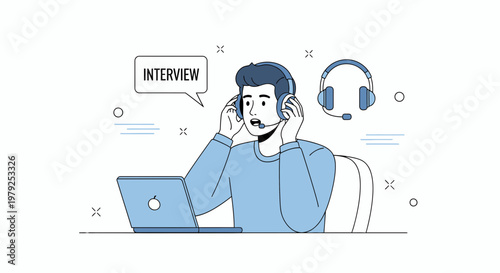Man in headphones with laptop, online job interview, communication concept