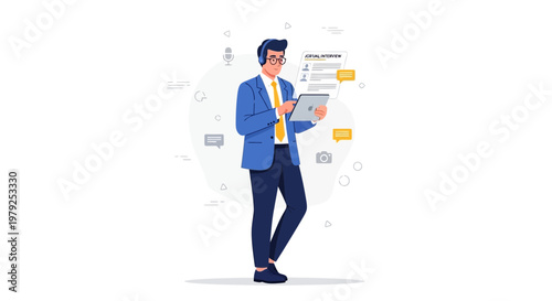 Man in headphones using tablet, online communication, business concept