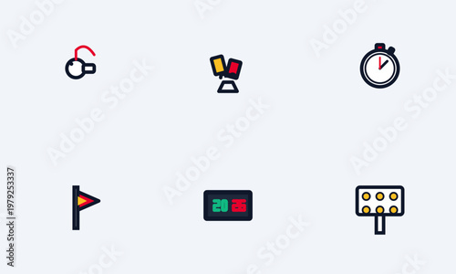Hand-drawn soccer referee icons showing whistle cards stopwatch flag substitute board and stadium lights for professional authentic illustration