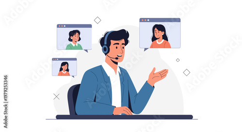 Man in headset on video call with colleagues, remote work, online meeting, teamwork, communication