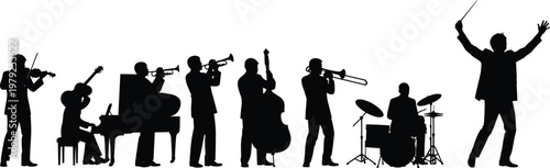 Black silhouette orchestra ensemble with conductor, violin, guitar, piano, trumpet, double bass, trombone, drums performing music together