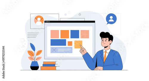 Man in suit pointing at website design on screen, business presentation concept