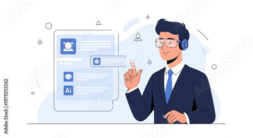 Man in Suit Interacting with AI Chatbot Interface on Digital Screen