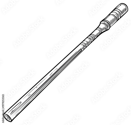 Black and white illustration of a vintage walking stick with a textured handle