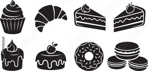 Black and white bakery icons with various sweet treats