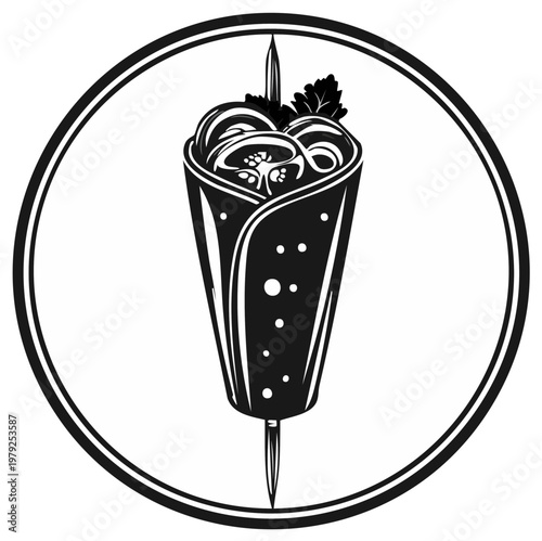 Monochrome Kebab or Shawarma Wrap with Vegetables and Sauce on Skewer in Circular Logo Design