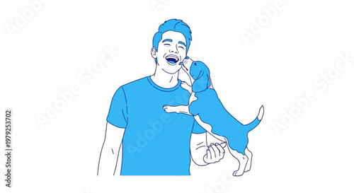 Happy man getting licked by a playful blue puppy dog.