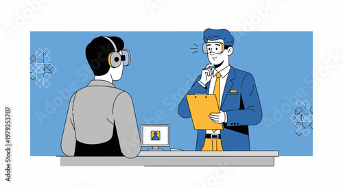 Man in VR headset in interview, professional meeting, virtual reality technology